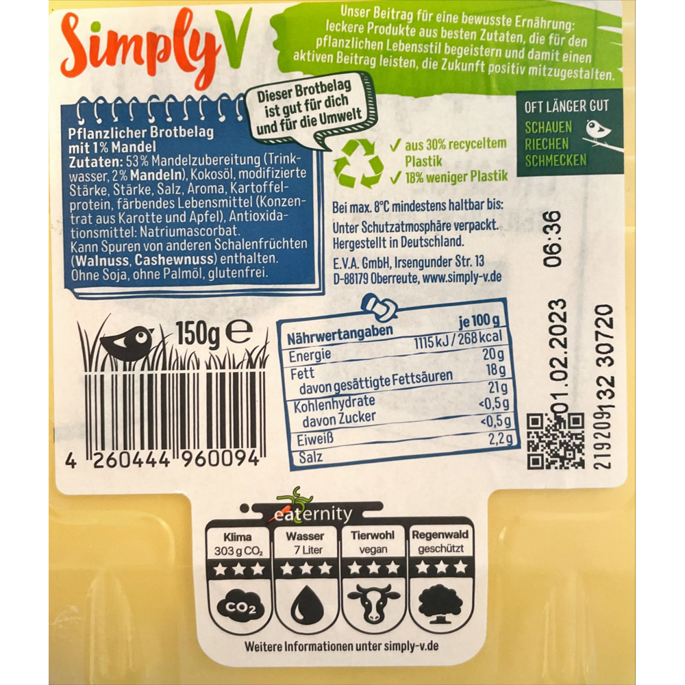 ROKSH Pflanzliche Produkte SIMPLY V Natur Käsealternative 150g