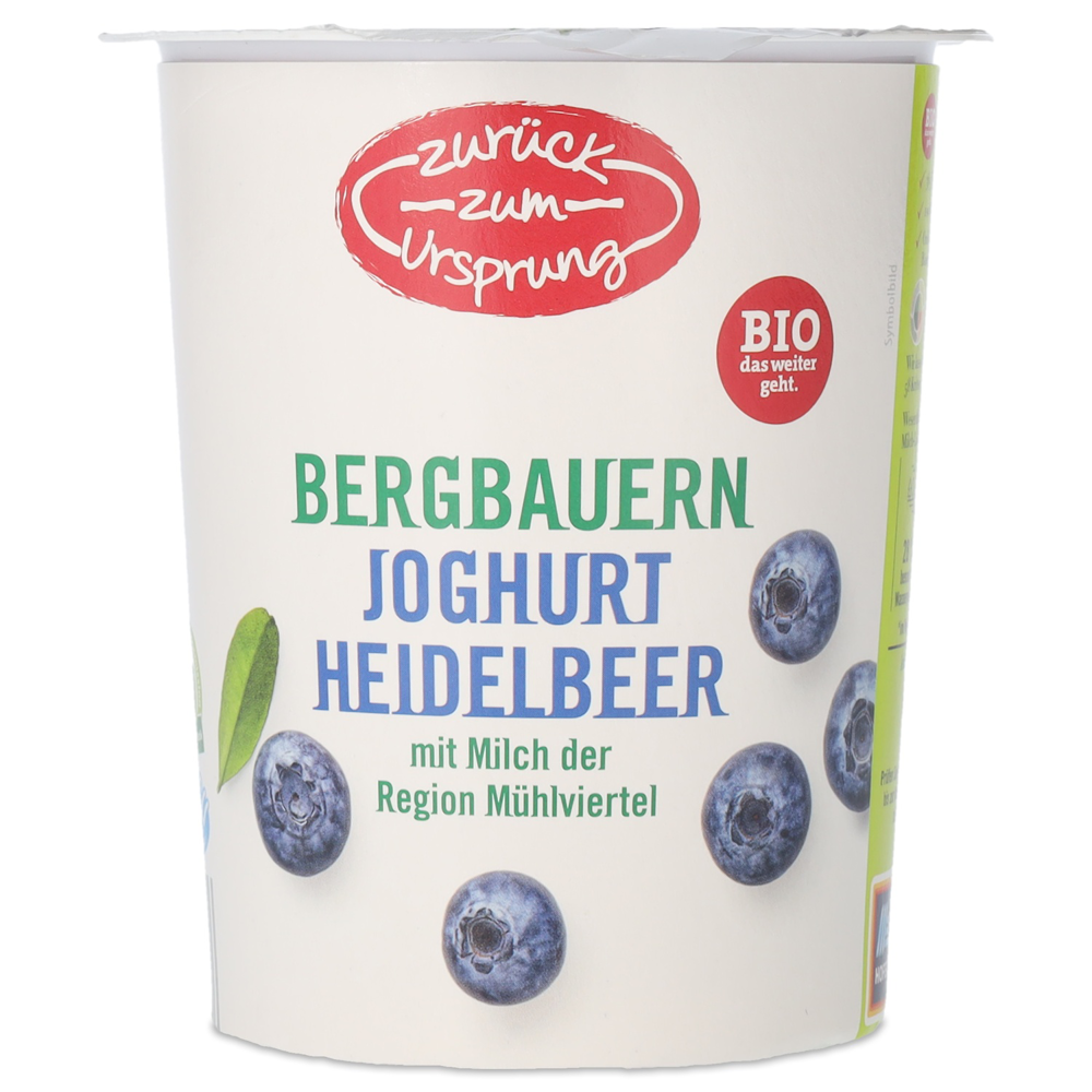 Austria product data sample: ZURÜCK ZUM URSPRUNG Bergbauern Joghurt, Heidelbeere 400g