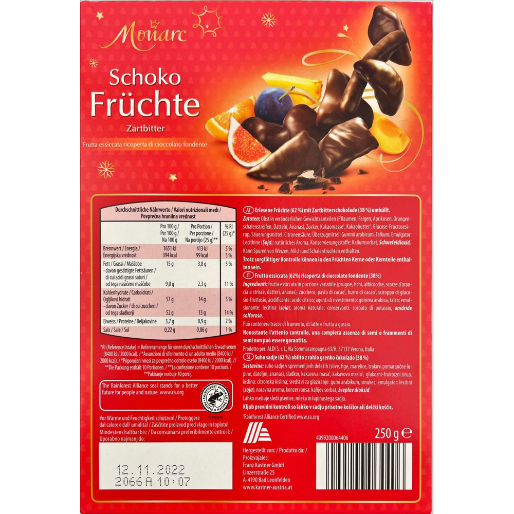 ROKSH Tafelschokolade MONARC Schoko Früchte Zartbitter 250 g HOFER