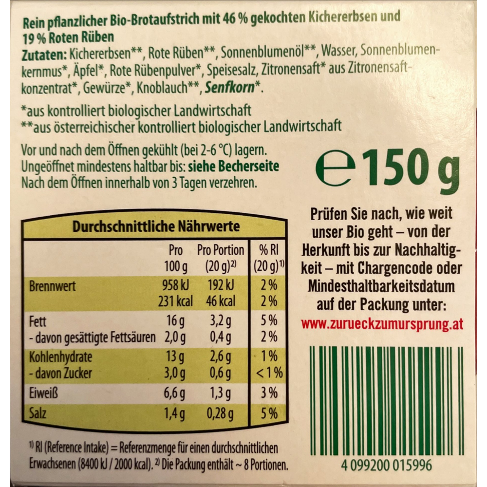 ROKSH Aufstriche & Co ZURÜCK ZUM URSPRUNG Hummus Rote Rübe 150g HOFER