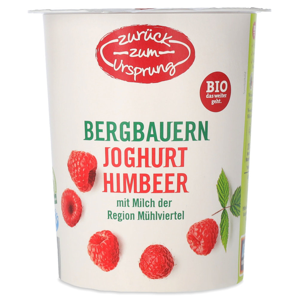 Austria product data sample: ZURÜCK ZUM URSPRUNG Bergbauern Joghurt, Himbeere 400g