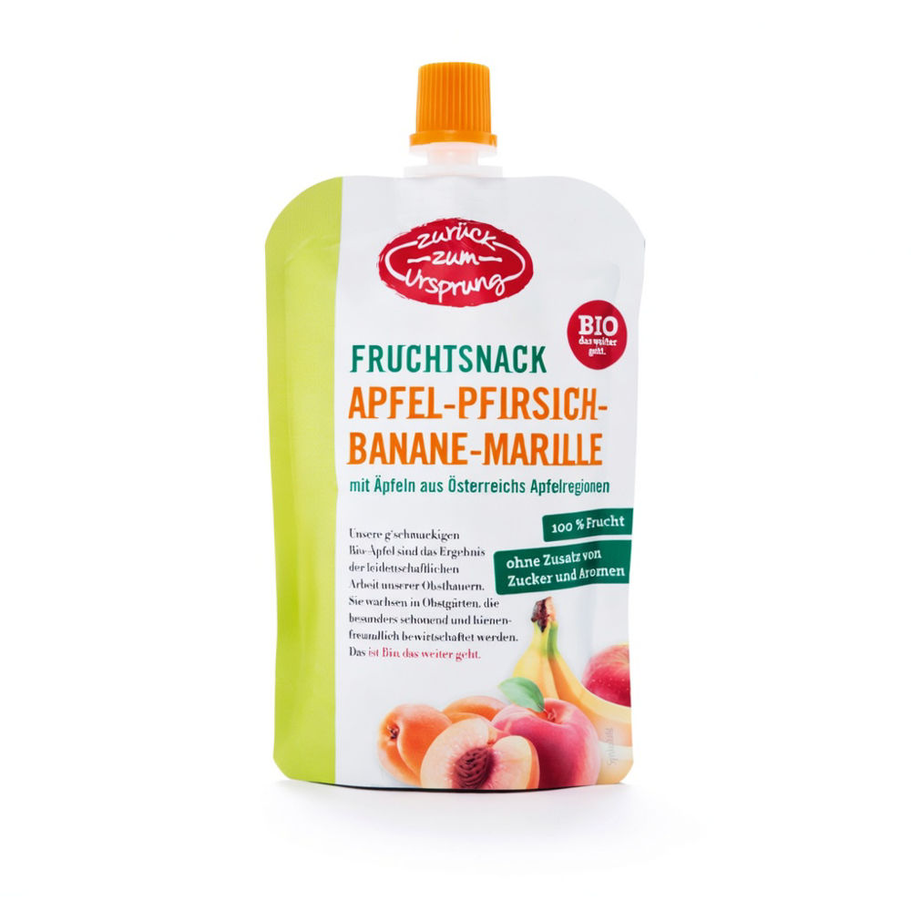 ZURÜCK ZUM URSPRUNG Fruchtsnack Apfel Pfirsich Banane Marille Bio